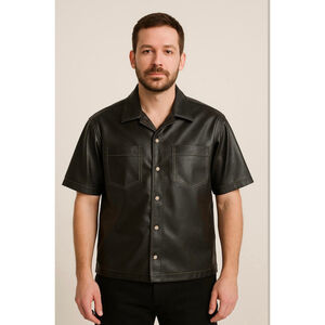 Mens NOVAMEN Black Faux Leather Short Sleeve Button Down Shirt XL Urban Edgy Y2K